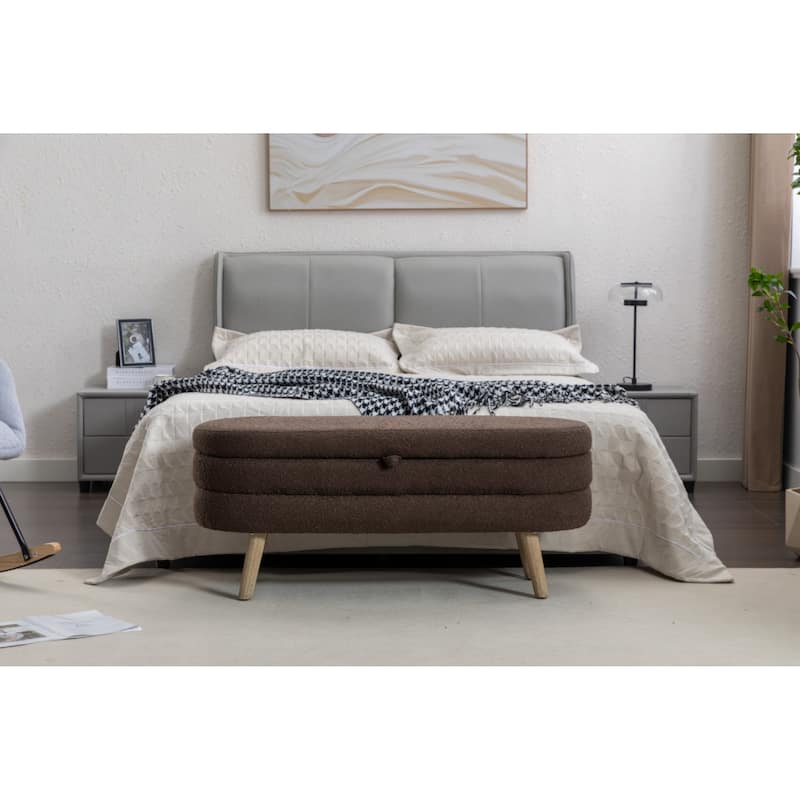 Boucle Fabric Storage Bench Bedroom Bench With Wood Legs For Living Room Bedroom Indoor
