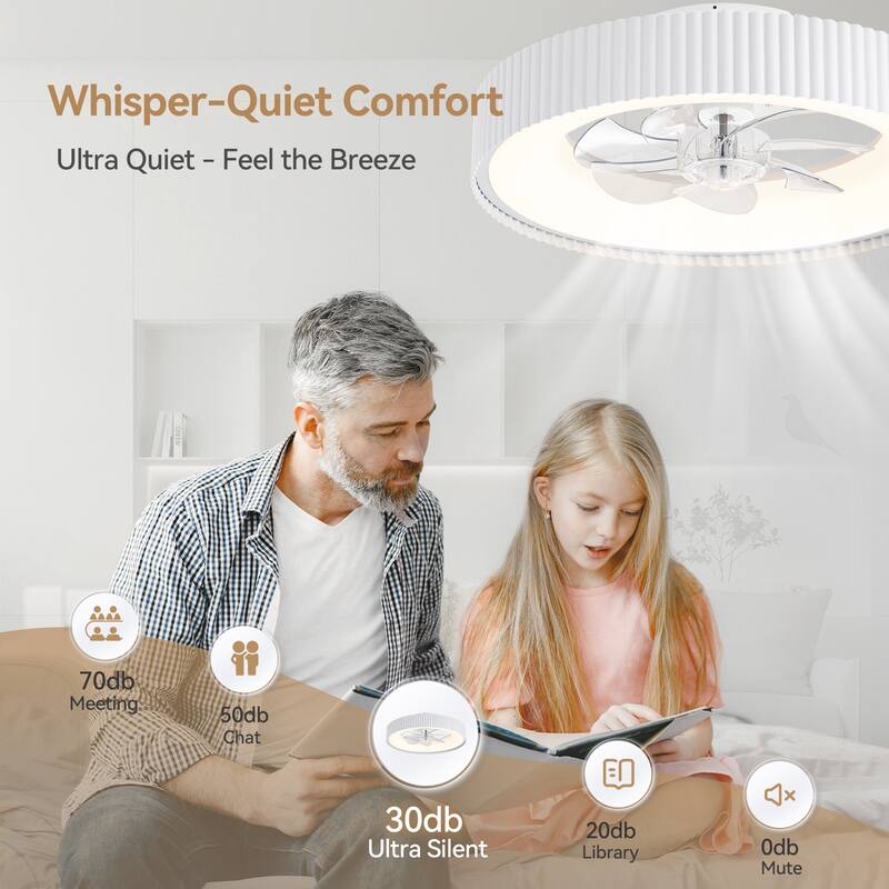 19.3" White Flush Mount 7-Blade Ceiling Fan with Remote and Dimmable LED Light, Stepless Color Temperature