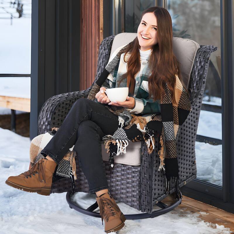 OVIOS 9-piece Patio Wicker Swivel Rocking Chair Set With Fire Pit