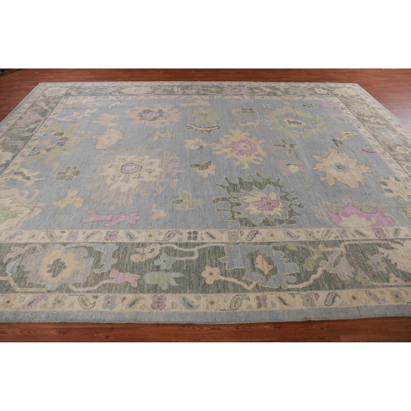 Hand Knotted Oriental 100% Wool Carpet Transitional All-Over Navy Blue & Blues Oushak Area Rug - 13' 7'' X 10' 0''