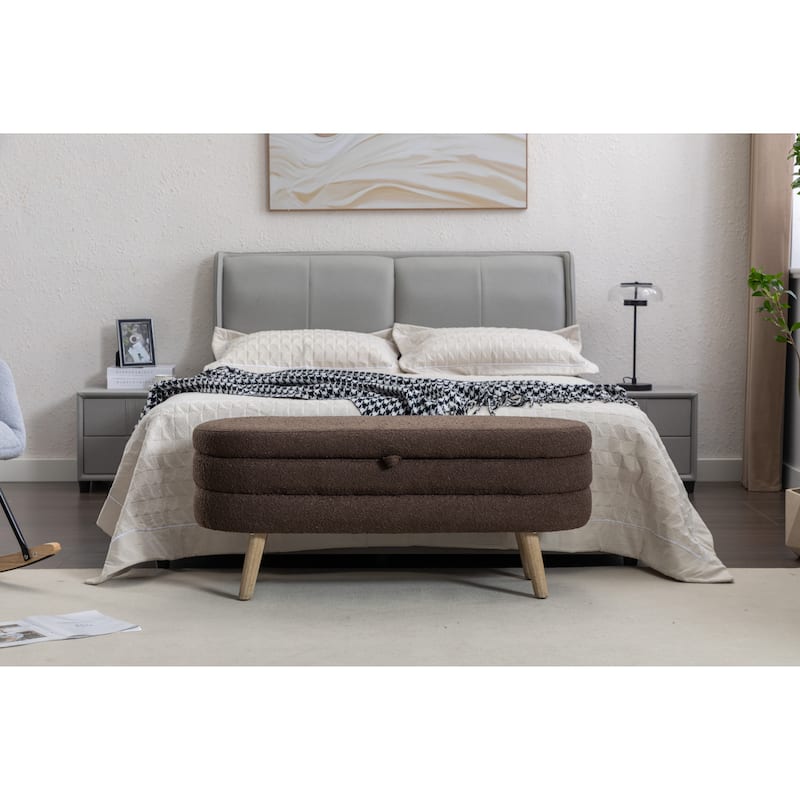44.8" Storage Bench with 300lb Seating, Boucle Fabric Bed Bench with Wood Legs Safety Hinge