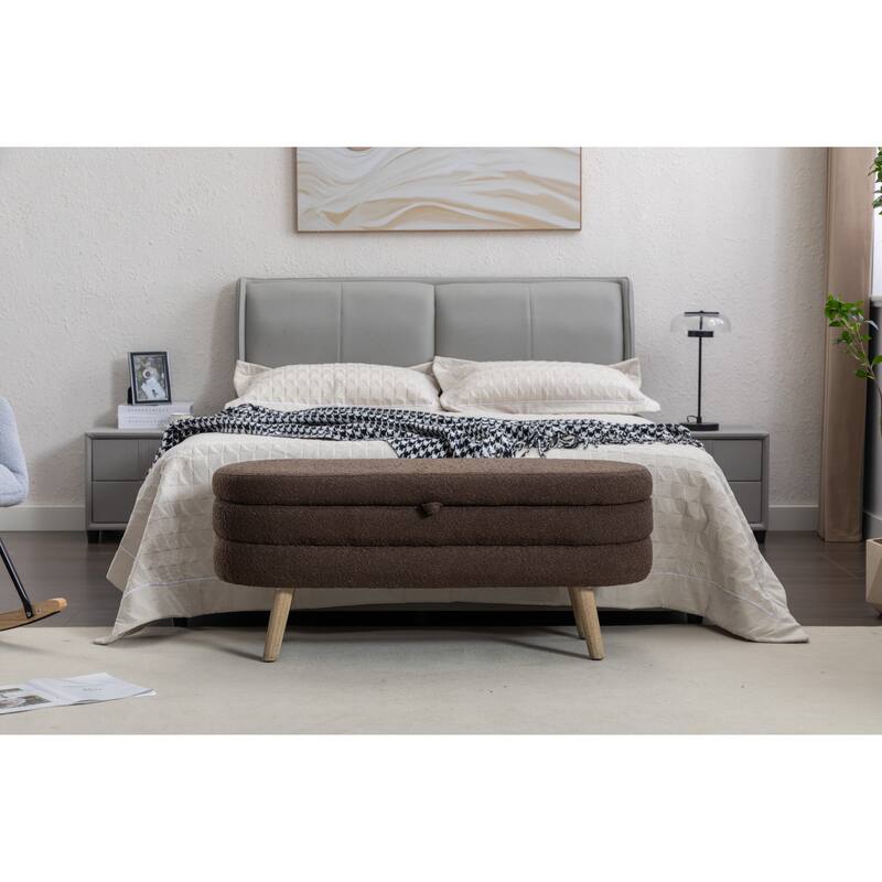Bedroom Storage Bench, Velvet Oval Upholstered End of Bed Bench with Wood Legs, Modern Storage Ottoman Bench for Entryway