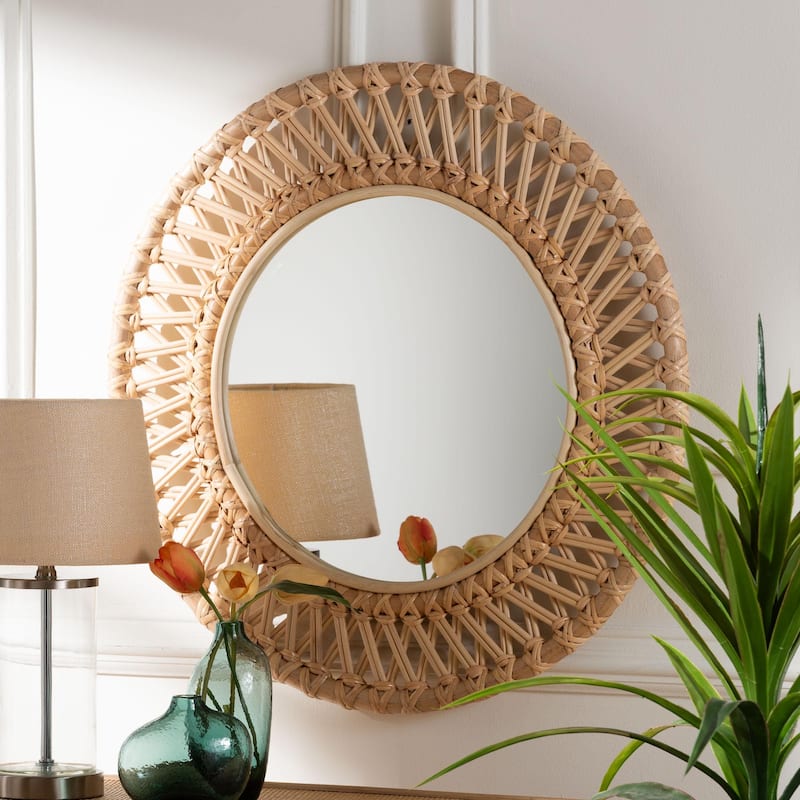 Burris Natural Rattan Wall Mirror - Handwoven Wicker Round Frame, Boho Coastal Accent Wall Decor for Entryway or Bedroom
