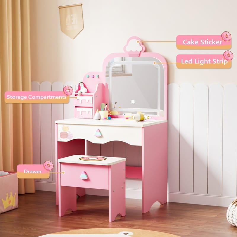 Kids Makeup Desk Vanity Table Set With Cloud-Like Lights And Drawer For Little Girls Ages 3-8 - N/A