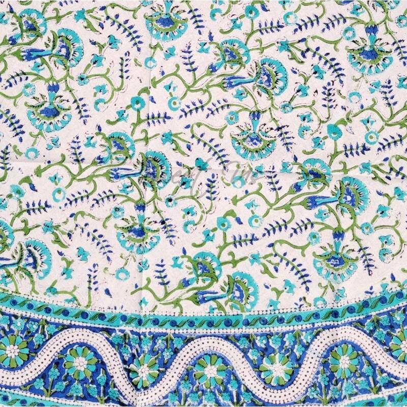 Block Print Tablecloth Round, Floral Vine, Turquoise - Paisley Elephant Blue Green Turquoise