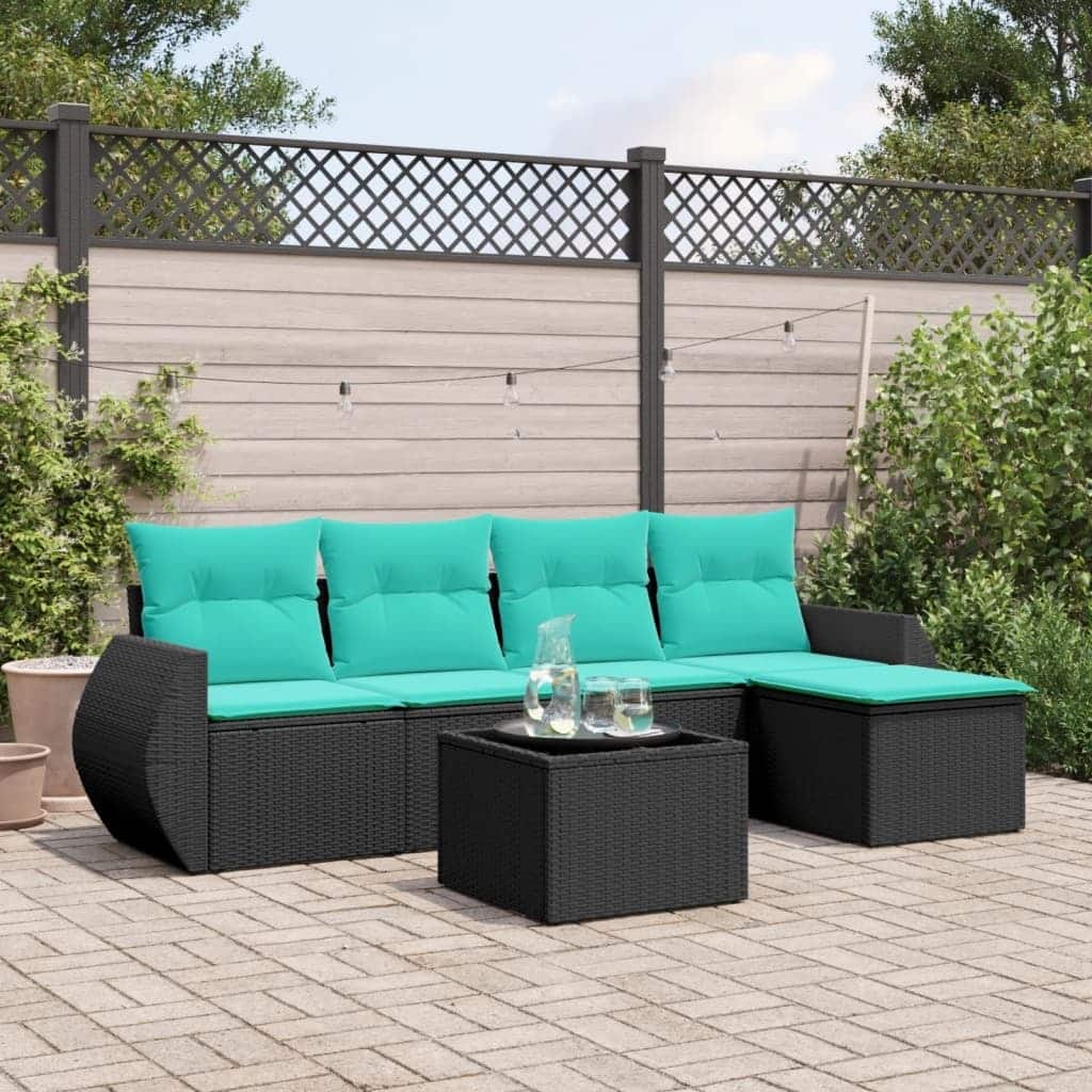 vidaXL 6 Piece Patio Sofa Set with Cushions Black Poly Rattan - 28 x 24.4 x 27.2