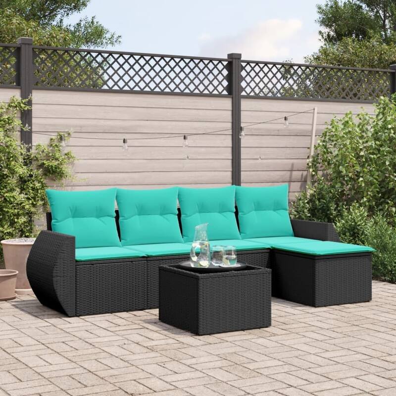 vidaXL 6 Piece Patio Sofa Set with Cushions Black Poly Rattan - 28 x 24.4 x 27.2