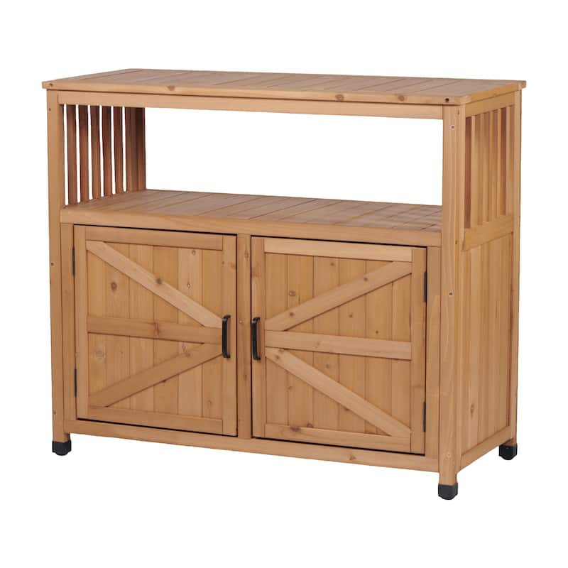 Wooden Patio Bar Table Set with Storage, Buffet Cabinet Sideboard for Outdoor and Indoor - Brown