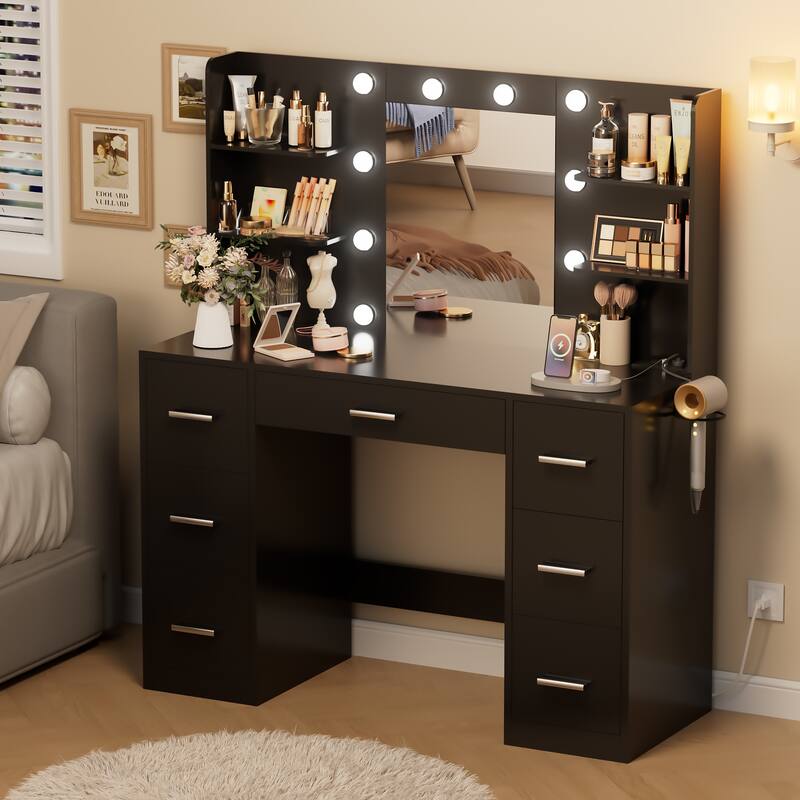 Furniwell Makeup Vanity with Mirror and Drawers Vanity Desk Set with 3 Modes Adjustable Brightness Lights and USB Power Outlet - Black
