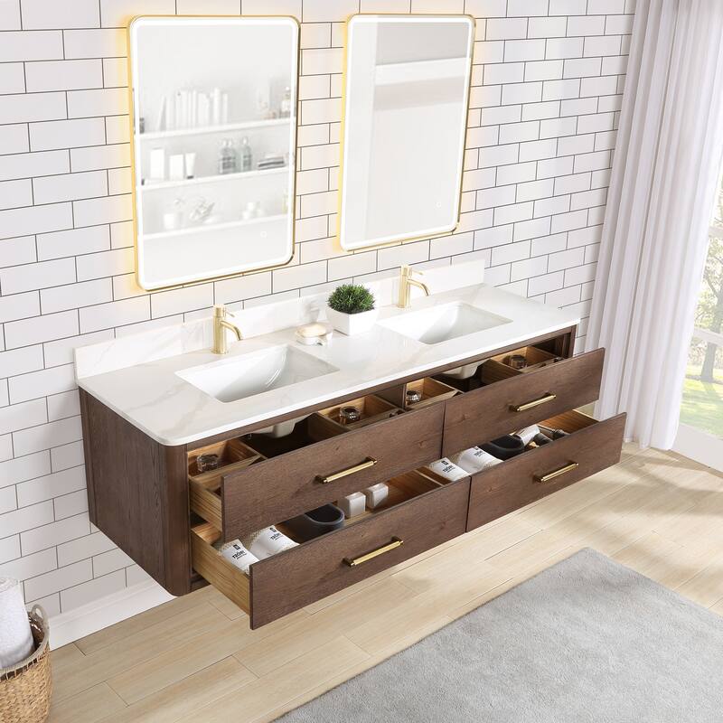 Cristo Floating Bath Vanity with White Quartz Stone Top without Mirror