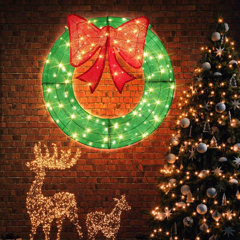 Costway 48 Inch Pre-Lit Christmas Wreath with 200 LED Lights Red Bow - See Details