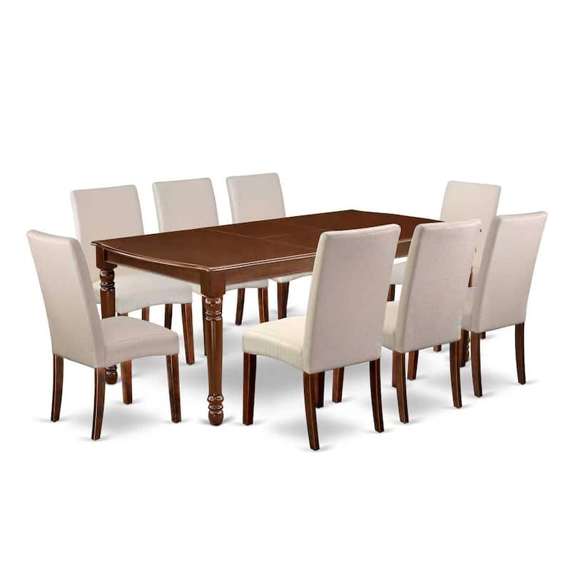 Bohemian Dining Set - 9Pc Rectangle Table & 8 Chairs - 60/78 Inch Table with Leaf - Linen Fabric Cream