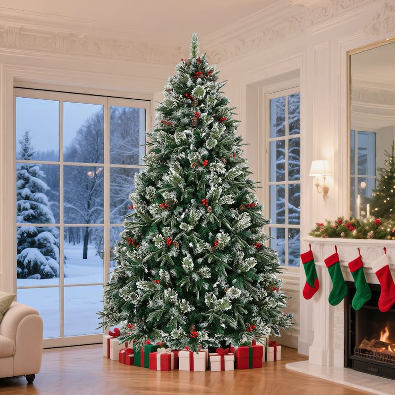 Artificial Snow Frosted Pre-Decorated Christmas Tree with Pinecones & Berries - Green - 8 Foot