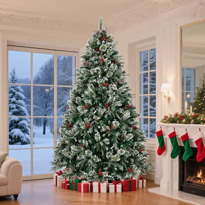 Artificial Snow Frosted Pre-Decorated Christmas Tree with Pinecones & Berries