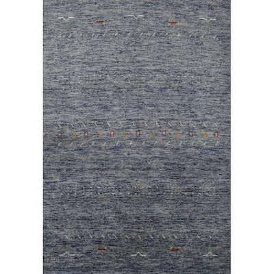 Blue Striped Tribal Gabbeh Indian Rug Hand-Knotted Wool Carpet - 4'0" x 5'10"