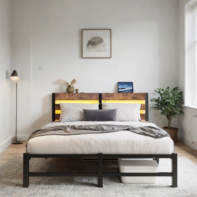 Queen Size Metal Platform Bed with Wood Headboard, RGB Lights,Charger