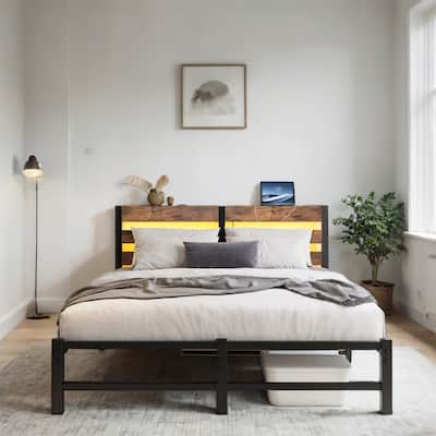 Queen Size Metal Platform Bed with Wood Headboard, RGB Lights,Charger
