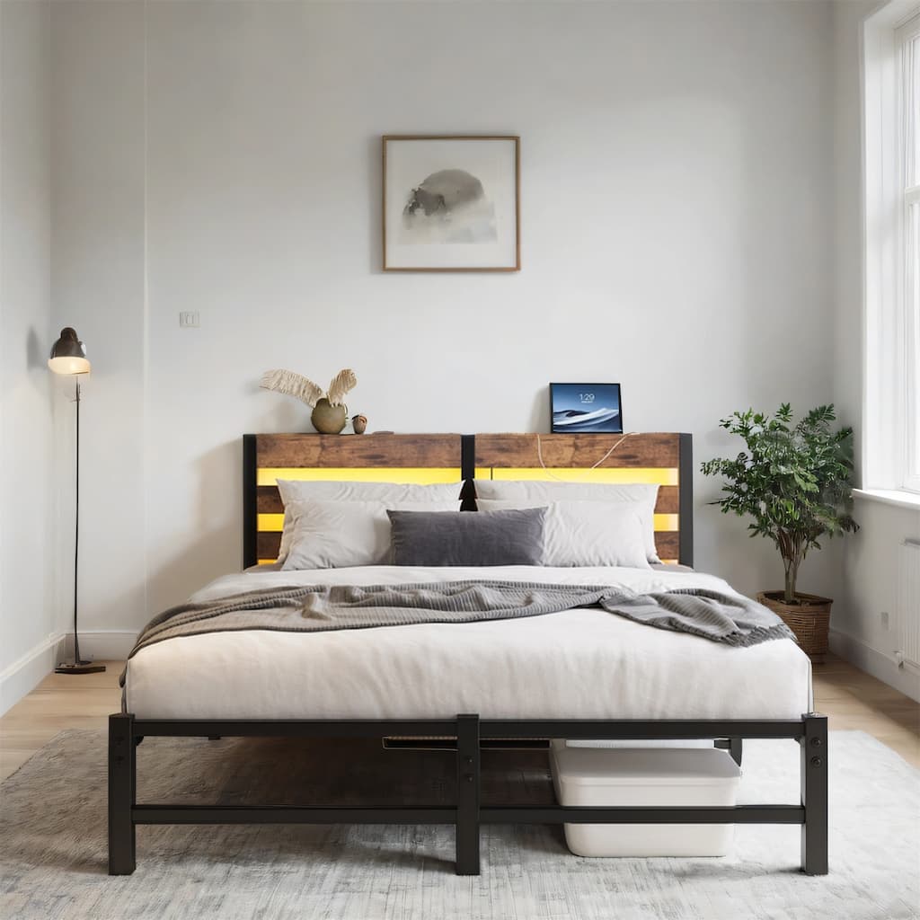 Queen Size Metal Platform Bed with Wood Headboard, RGB Lights,Charger