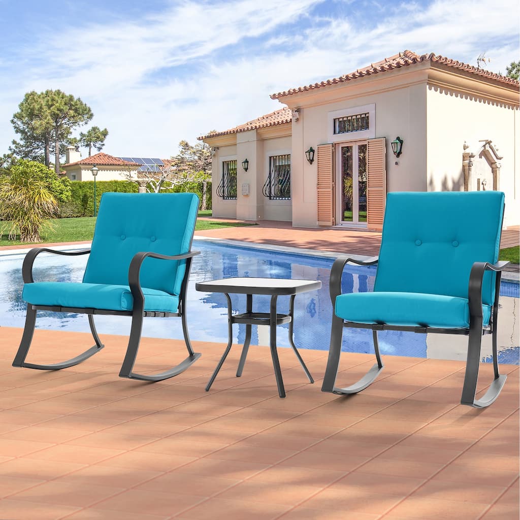 BONOSUKI 3 Pcs Outdoor Rocking Bistro Set Chat Set with Side Table