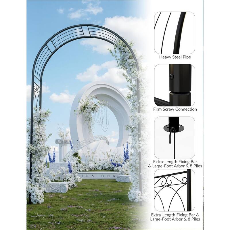 7.87 FT Black Metal Garden Arch Arbor