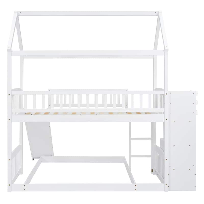 Twin Over Full Bunk Bed House Bed with Slide and Storage