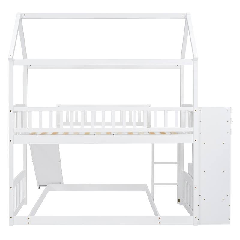 Twin Over Full Bunk Bed with Slide and Storage, White/Gray, Space-Saving Design