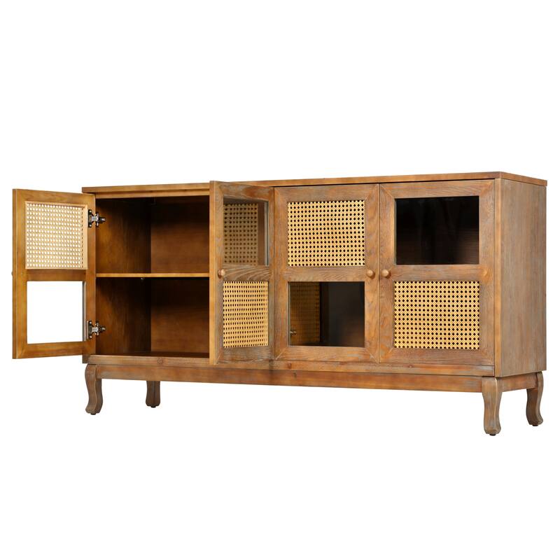 4-Door Sideboard with Large Storage Space Artificial Rattan Doors and Transparent Glass, for Dining Room Living Room