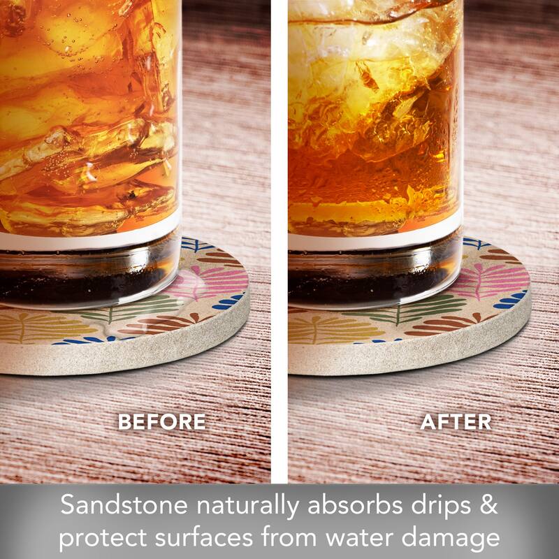 Matisse Cutouts 4 Pack Round Natural Sandstone Coasters with Protective Cork Backing Manufactured in The USA