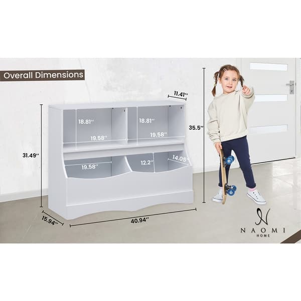 dimension image slide 0 of 5, Stylish Kid's Toy Storage Organizer with Bookcase, Multi-Functional Nursery Storage Cubby Cabinet for Playroom and Bedroom