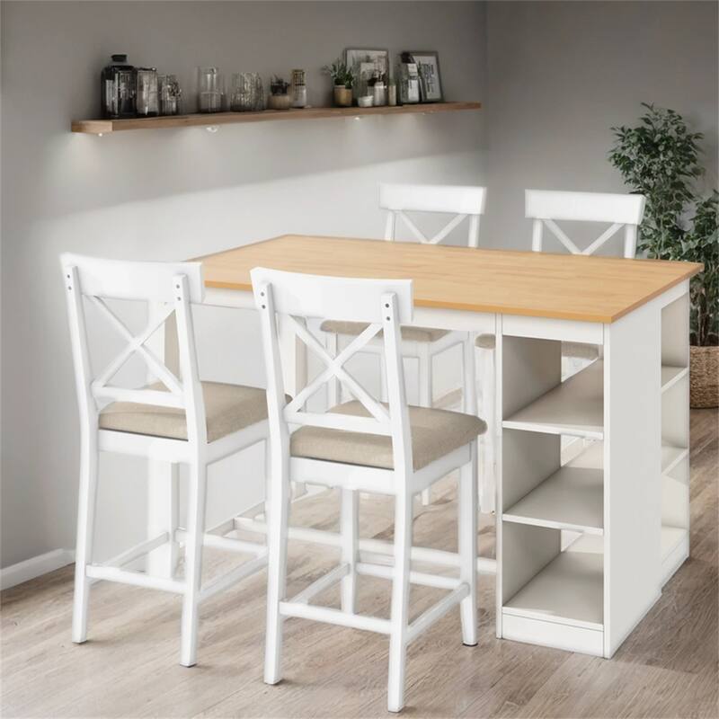5 Piece Wood Dining Table Set with Storage Shelves and 4 Upholstered Dining Chairs