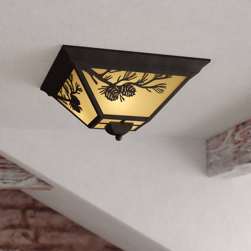 Douglas Warm Bronze Rustic Outdoor Flush Mount Ceiling Light Pine Cone Motif Amber Glass - 14-in W x 7-in H x 14-in D - Warm Bronze - 14-in W x 7-in H x 14-in D