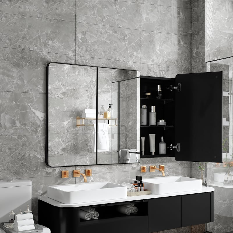 3-Door Bathroom Medicine Cabinet, Recessed Medicine Cabinet or Surface Mount, Mirrored Door Cabinet w/ Adjustable Glass Shelves