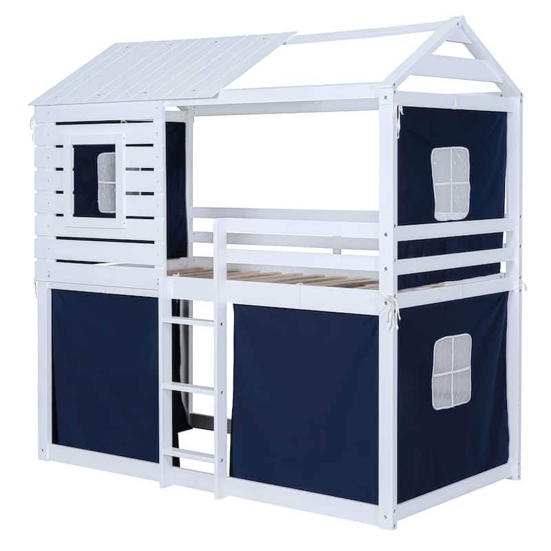 Twin Size Solid Wood House Bunk Bed with Tent, Ladder and Fence for Kids, Bedroom