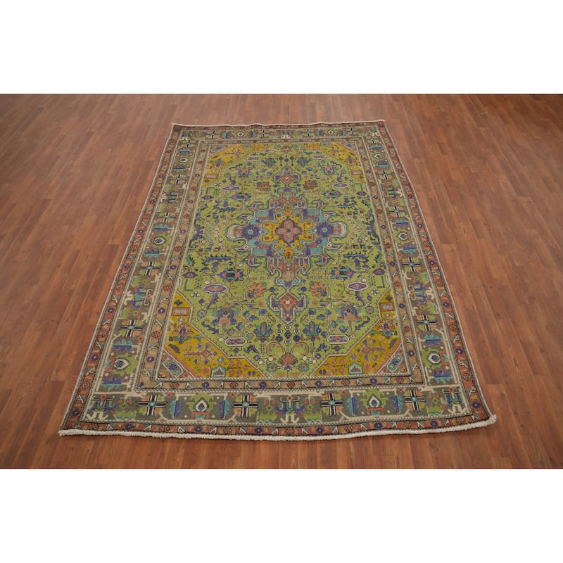 Hand Knotted Oriental 100% Wool Carpet Traditional Medallion Green Tabriz Area Rug - 9' 2'' X 6' 5''