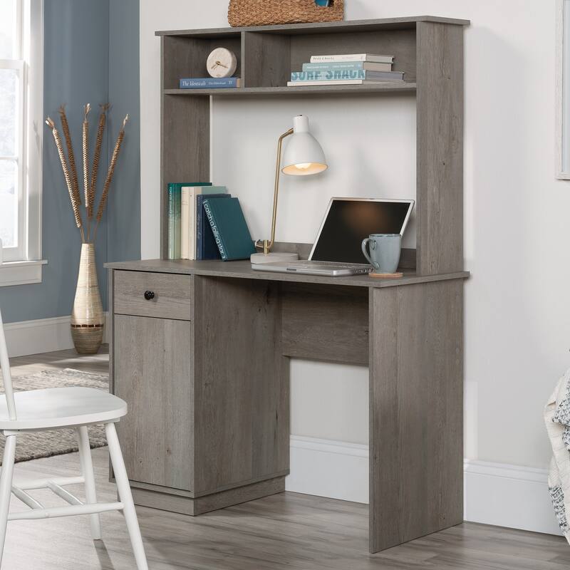 Brown Compact Desk with Hutch 42.99 Inch Small Space Workstation with Storage Drawer