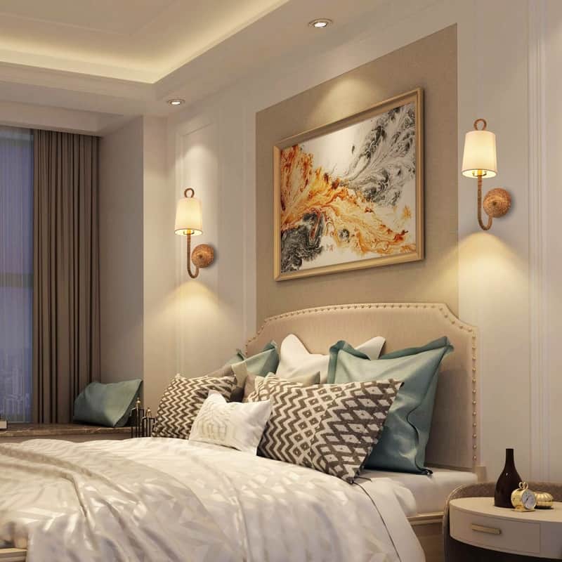 2 Pack wall sconce white wall light fixture fabric, metal, wicker sconce lights