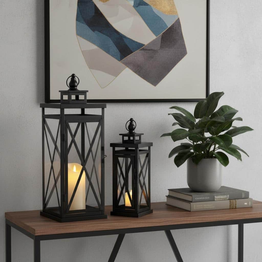 Set of Two Clear And Black Glass And Metal Tabletop Lantern Candle Holders