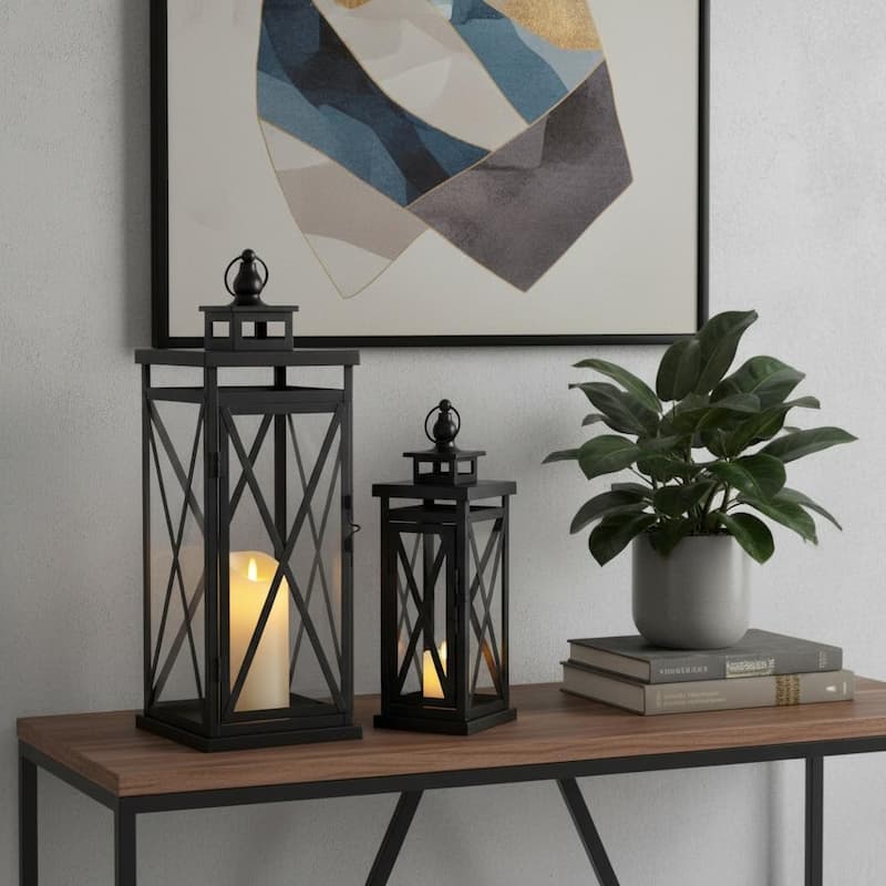 Set of Two Clear And Black Glass And Metal Tabletop Lantern Candle Holders - Clear/Black