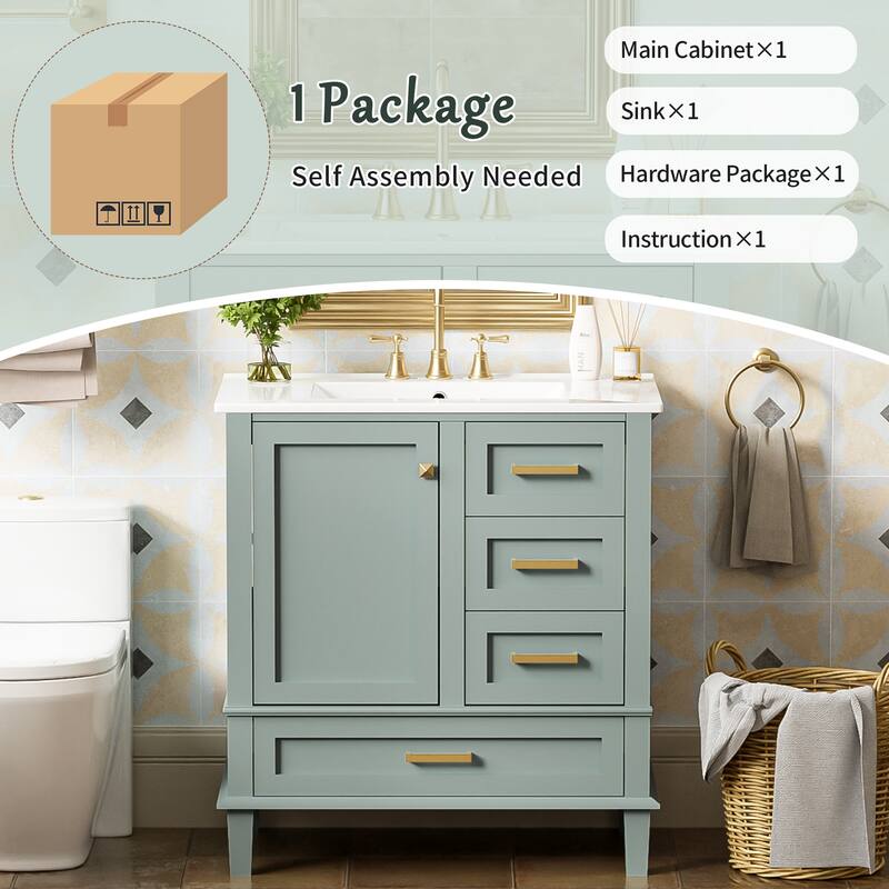 Single Sink Bathroom Vanity Cabinet, Vanity Base & Ceramic Sink Combo Set, 3 Drawers Bathroom Storage Cabinet, 30 Inch