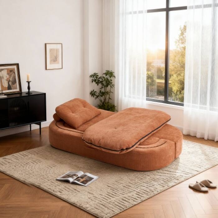 Modern Convertible Floor Sofa Bed with Corduroy Cushion, 2 Pillows & No Assembly