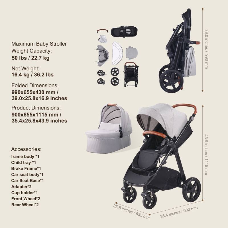 Oxford Aluminum Stroller with Bassinet and Adjustable Canopy - 35.4” L x 25.8” W x 43.9” H