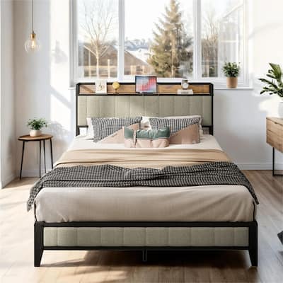 Queen Size Metal Platform with Charging Station and Headboard