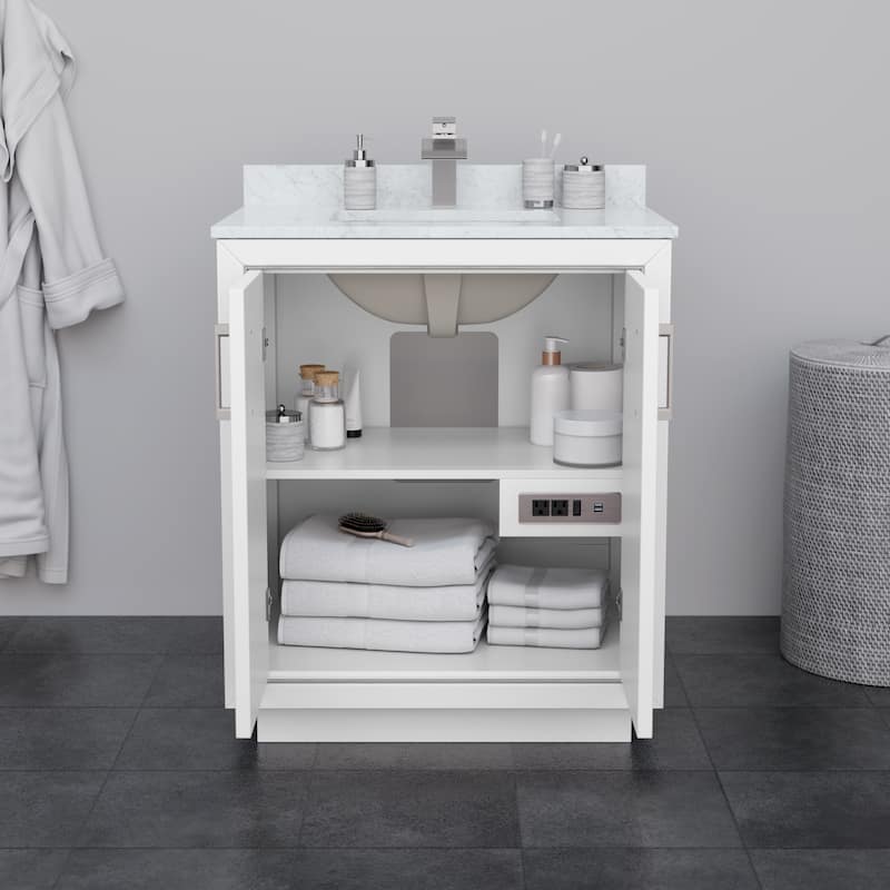 Icon Single Vanity Set, White Carrara Marble Top, No Mirror
