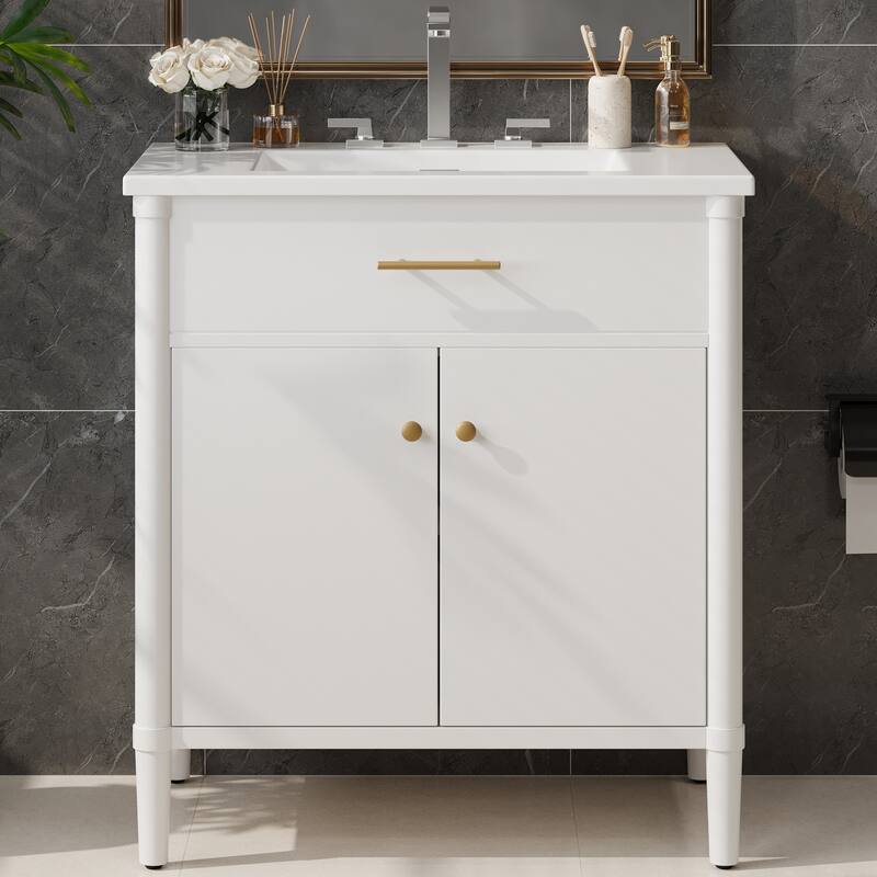 31 Inch Bathroom Vanity with Sink Soft Close Doors Adjustable Shelf Rubber Wood Legs, Curved Profile Design