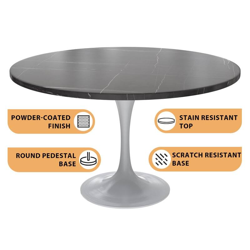 LeisureMod Verve 48" Round Dining Table with Stone TableTop and White Steel Base for Kitchen & Dining Room