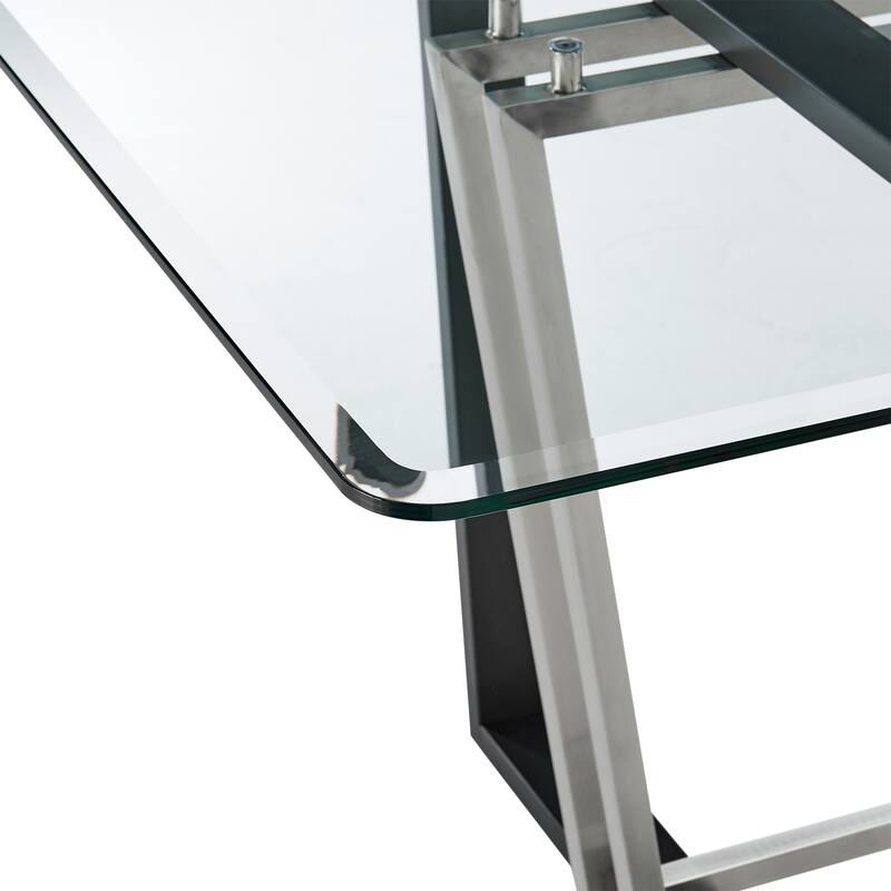 Kai 72 Inch Glass and Black Steel Rectangular Dining Table