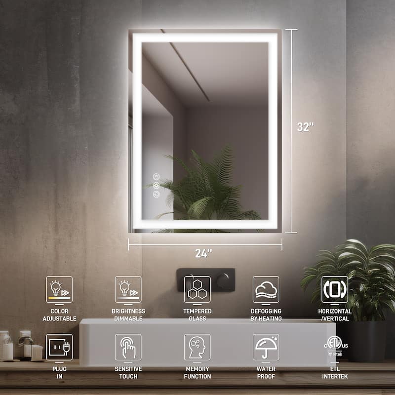 Durx-litecrete Rectangular Frameless Wall Mount 3 Colors Dimmable Anti-fog LED Bathroom Vanity Mirror