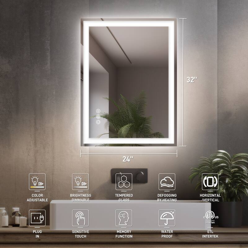 Durx-litecrete Rectangular Frameless Wall Mount 3 Colors Dimmable Anti-fog LED Bathroom Vanity Mirror