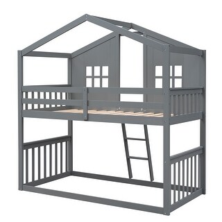Gray Twin over Twin Wood House Bunk Bed with 2 Front Wall Window, Open ...