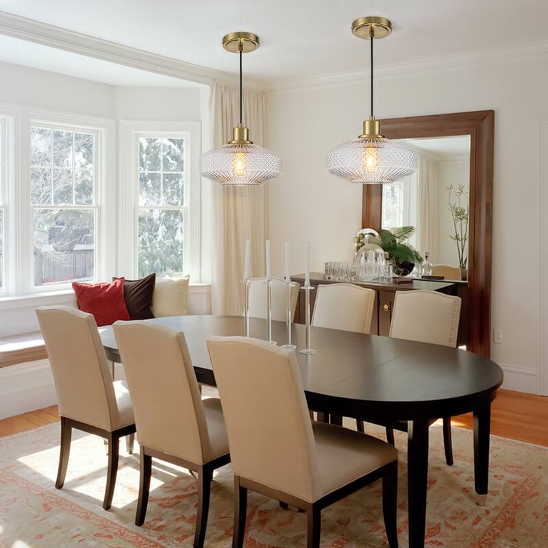 10.24 in. Modern Gold Pendant with Textured Glass, Adjustable Hanging Chandelier